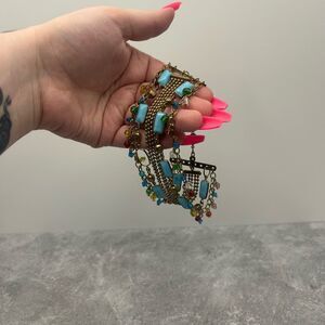 Vintage Brass Gold Tone Blue Beaded Rhinestones Chain Bracelet